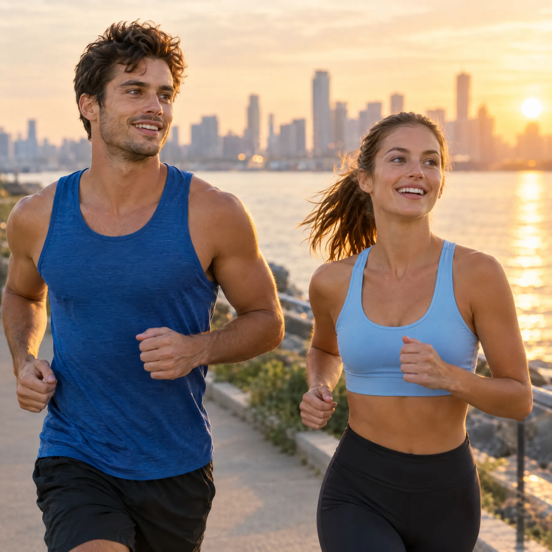 Pareja corriendo junto al agua al amanecer