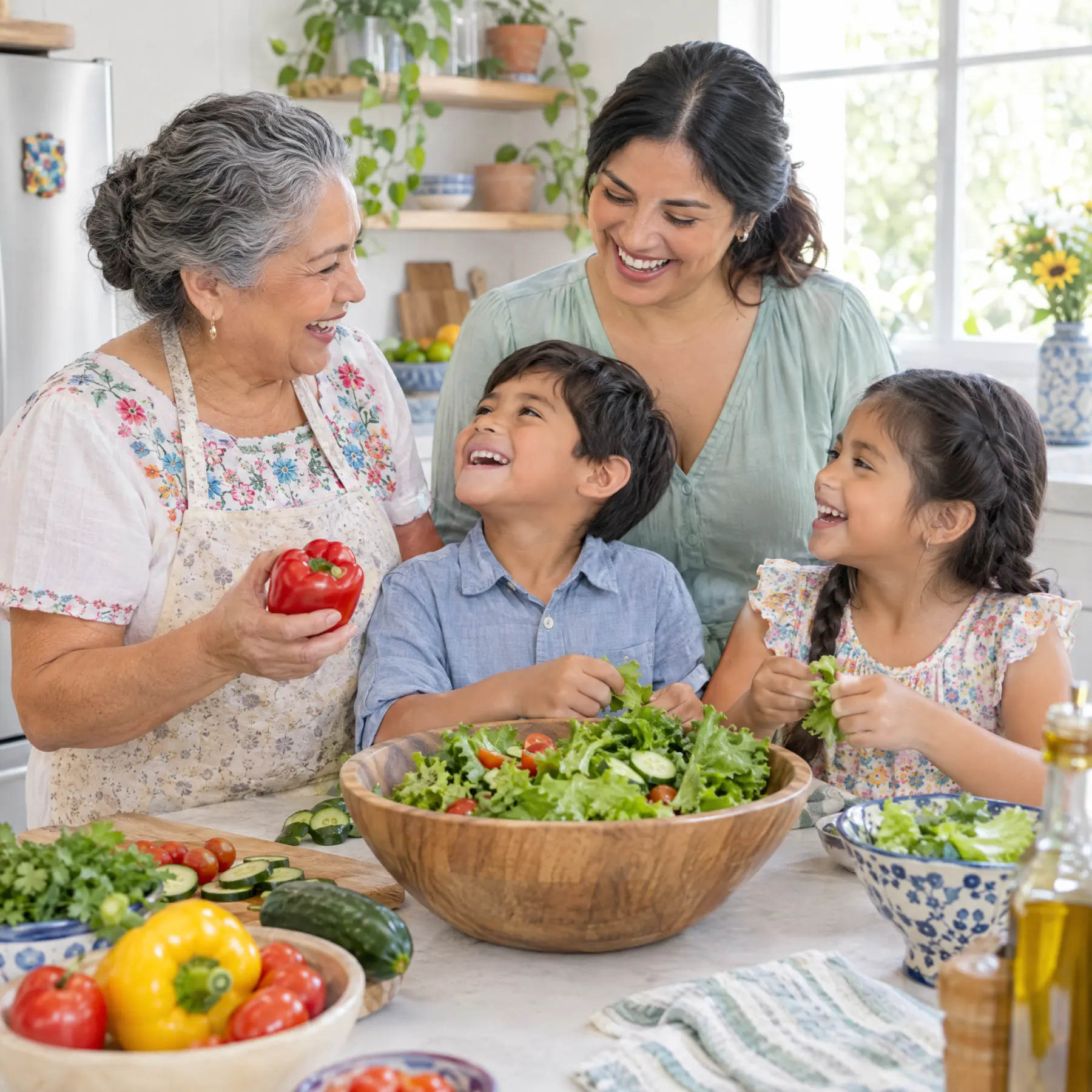 Familia preparando una ensalada en la cocina