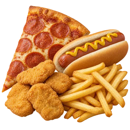 Pizza, hot dog, nuggets y papas