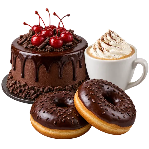 Pastel, donas y café con crema