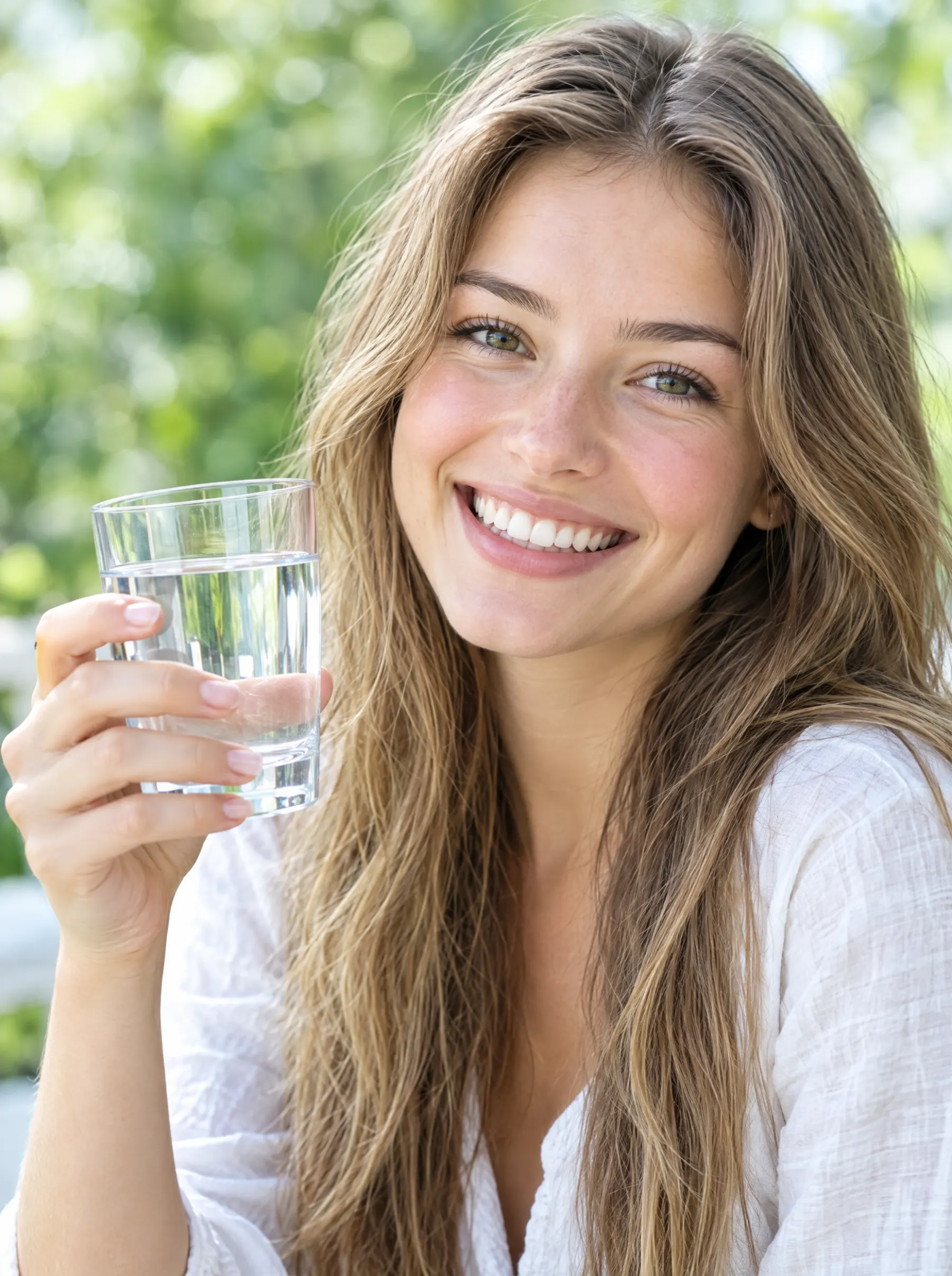 Mujer sonriente sosteniendo un vaso de agua