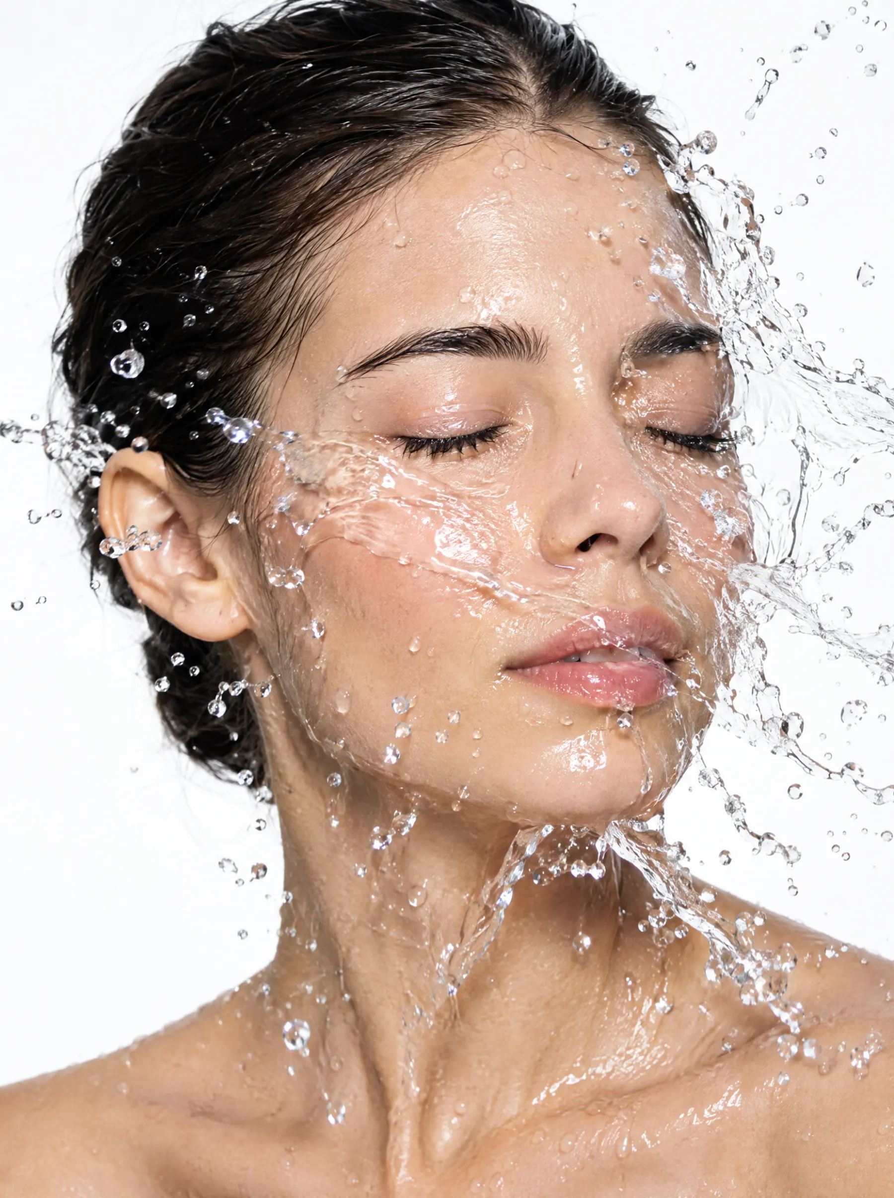 Rostro de mujer con agua salpicando